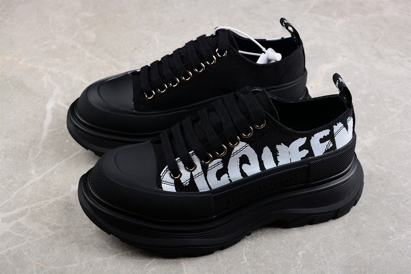 Alexander McQueen Tread Slick Low Lace Up Canvas Graffiti Black White