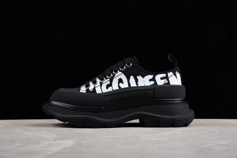 Alexander McQueen Tread Slick Low Lace Up Canvas Graffiti Black White